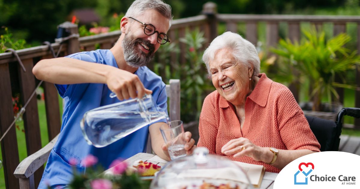 A caregiver applies summer Caregiving Tips including helping a senior stay hydrated.