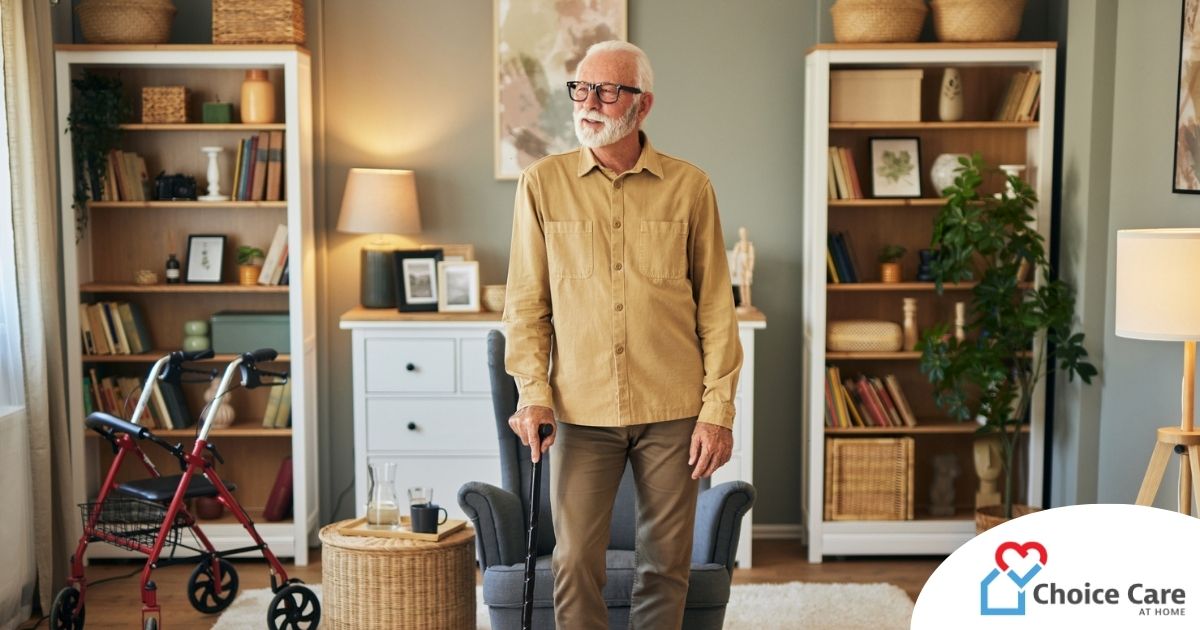 Exploring fall prevention for seniors — an elderly man stands in a safely arranged room.