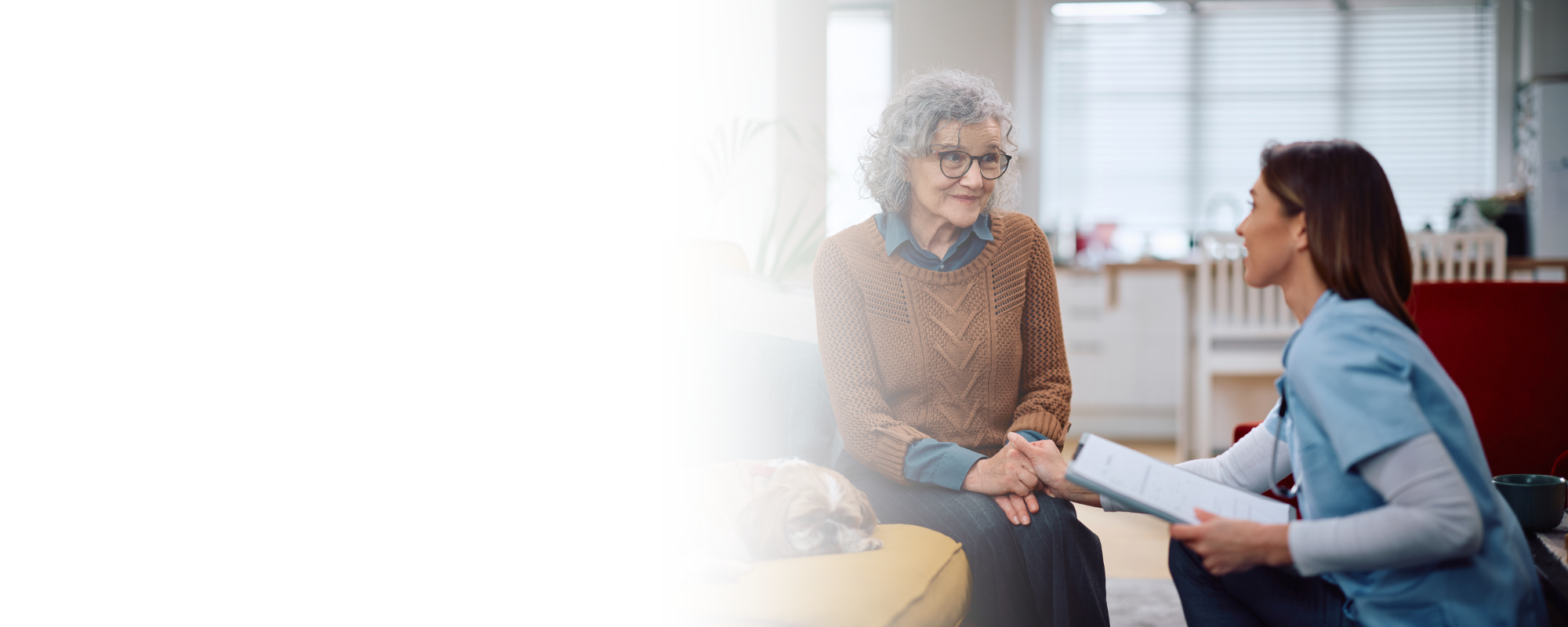Caregiver talking with senior woman and dog on sofa – Home Care in Fayette County, WV Caregiver talking with senior woman and dog on sofa - Home Care in Fayette County, WV